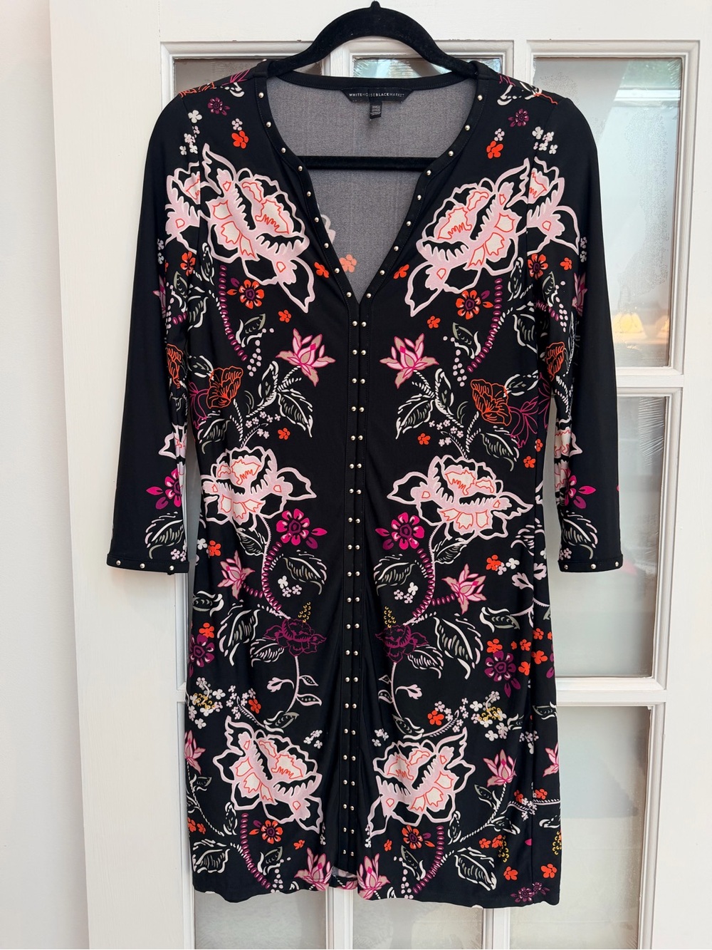 WHBM White House Black Market Floral Blooms Stud-Trim Black Tunic Dress Size XS